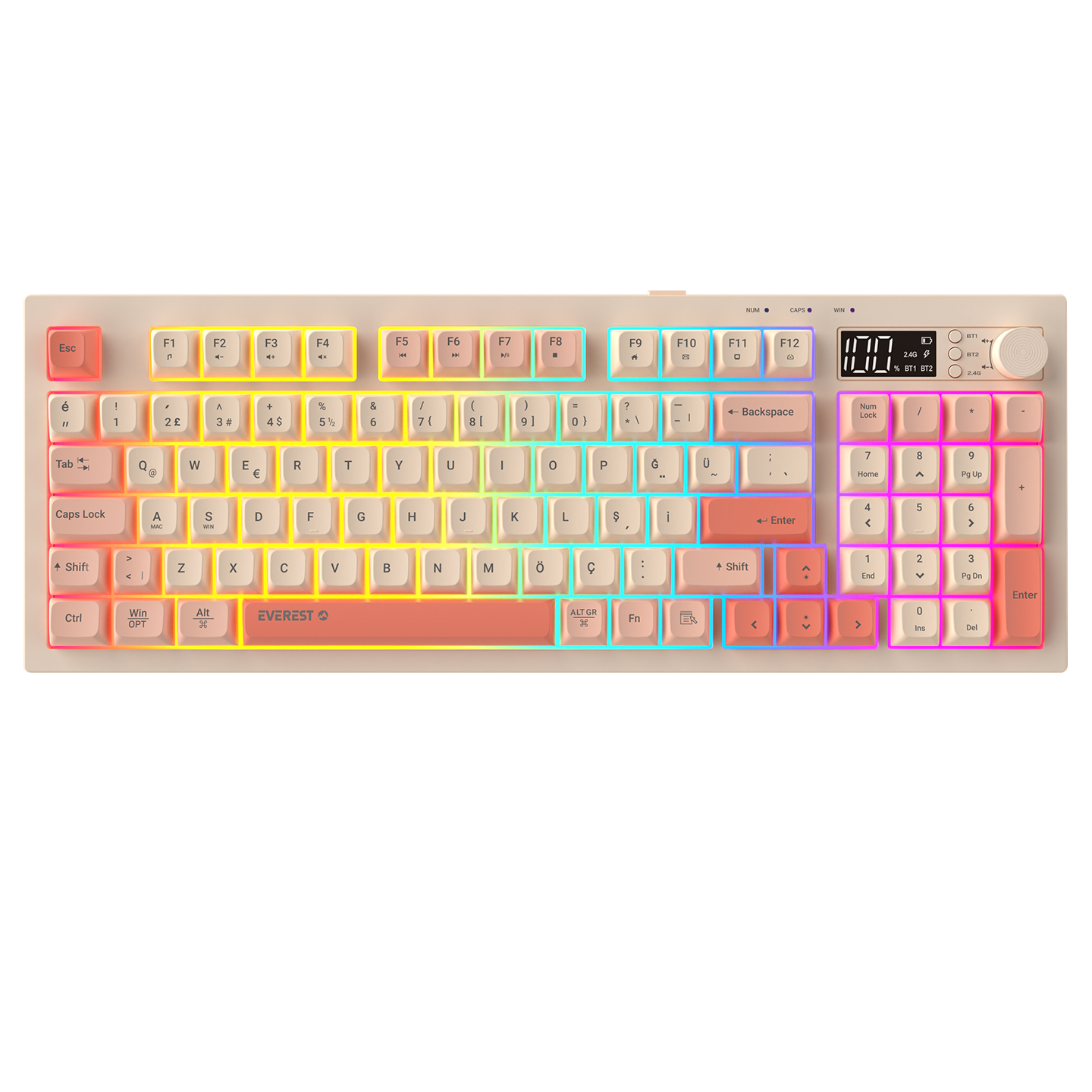 Everest KB-85 SILENT PRO Kablosuz Bej/Pembe/Turuncu SESSİZ RGB Wireless 2.4Ghz + BT Q Membrane Oyuncu Klavyesi