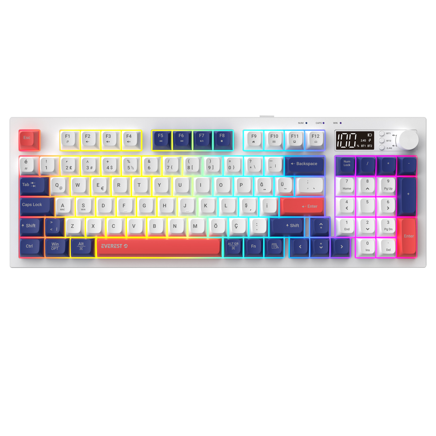 Everest KB-85 SILENT PRO Kablosuz Beyaz/Mavi/Kırmızı SESSİZ RGB Wireless 2.4Ghz + BT Q Membrane Oyuncu Klavyesi