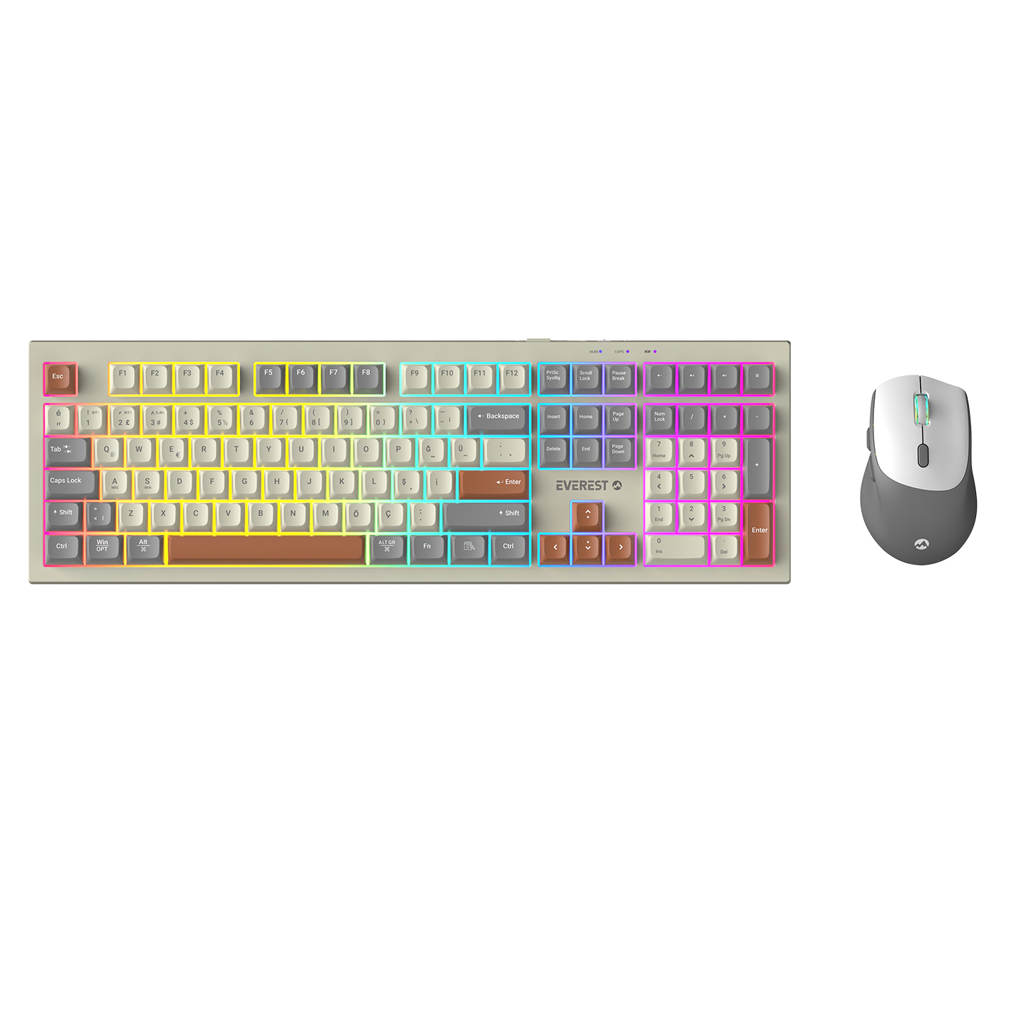 Everest KM-78 Rena Krem/Gri/Kahve Kablosuz 2.4 + BT RGB Aydınlatmalı Sessiz Q Su Sıçramasına Dayanıklı Klavye + Mouse Set