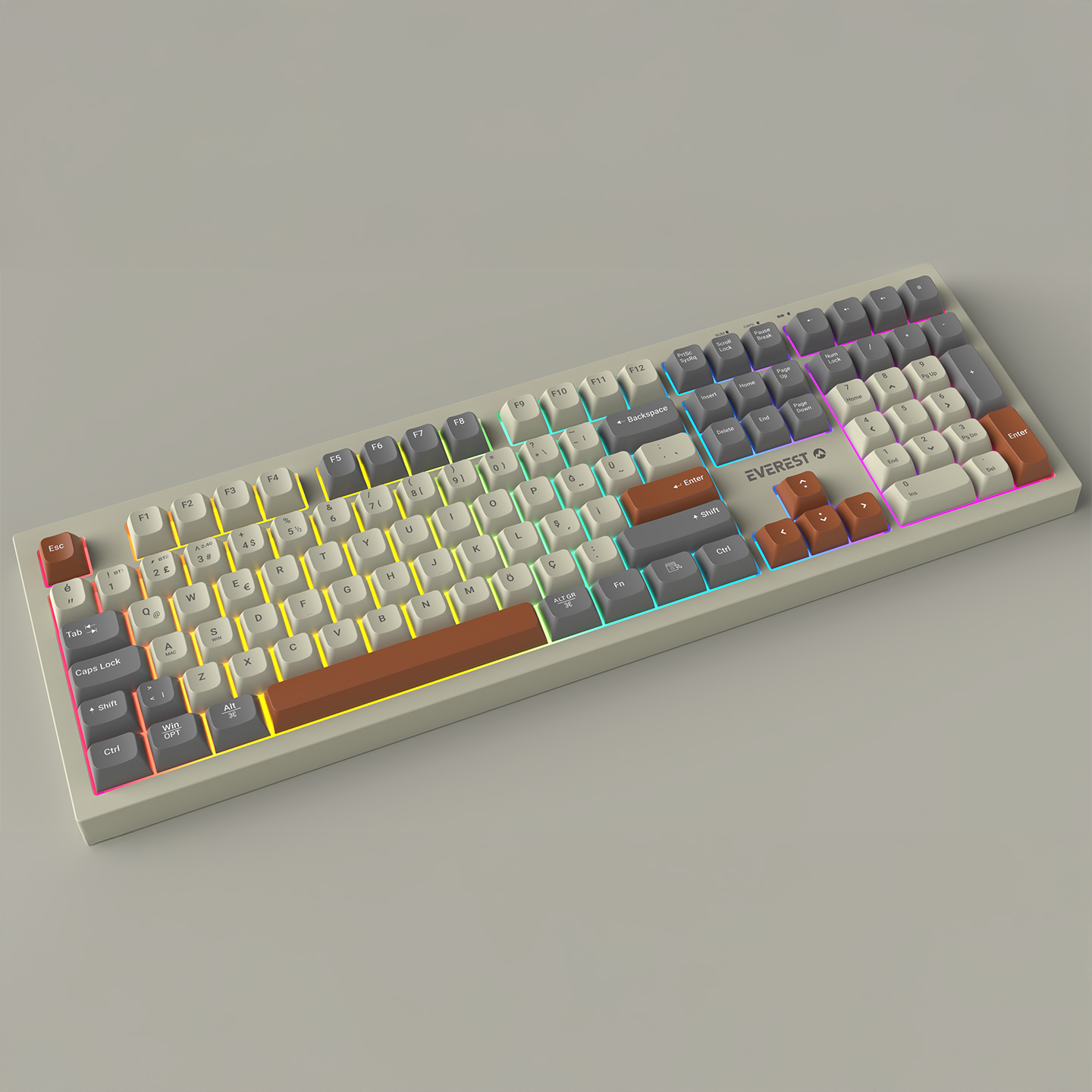 Everest KM-78 Rena Krem/Gri/Kahve Kablosuz 2.4 + BT RGB Aydınlatmalı Sessiz Q Su Sıçramasına Dayanıklı Klavye + Mouse Set