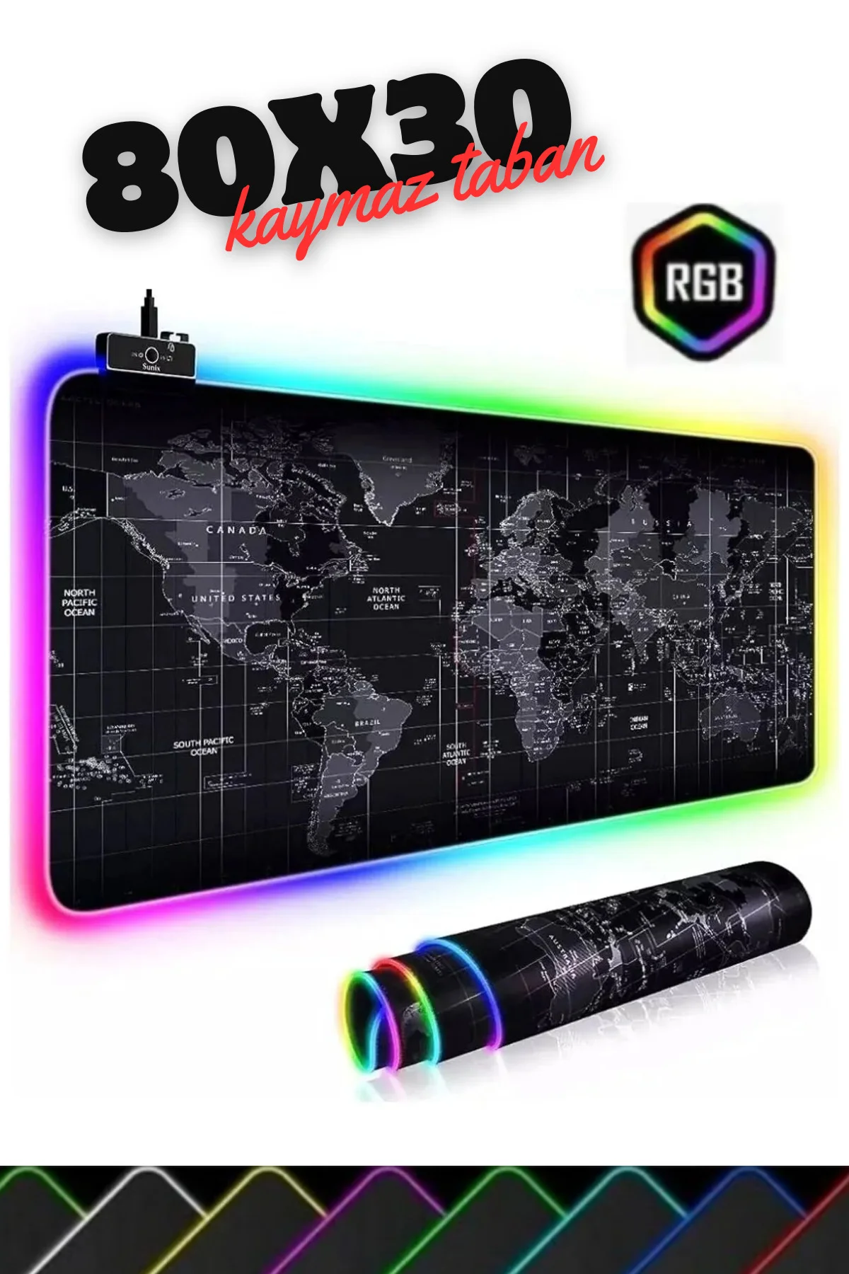 Rgb Aydınlatmalı Dünya Desenli Mouse Pad 80x30 Led Işıklı Su Geçirmez Dünya Desen Gaming Mousepad